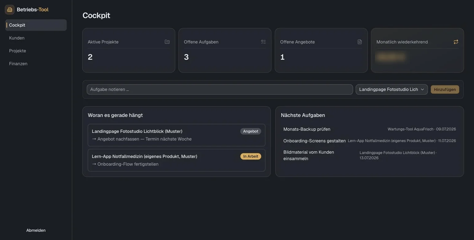 Betriebs-Tool: Cockpit mit Kennzahlen, Schnellaufgabe und offenen Aufgaben